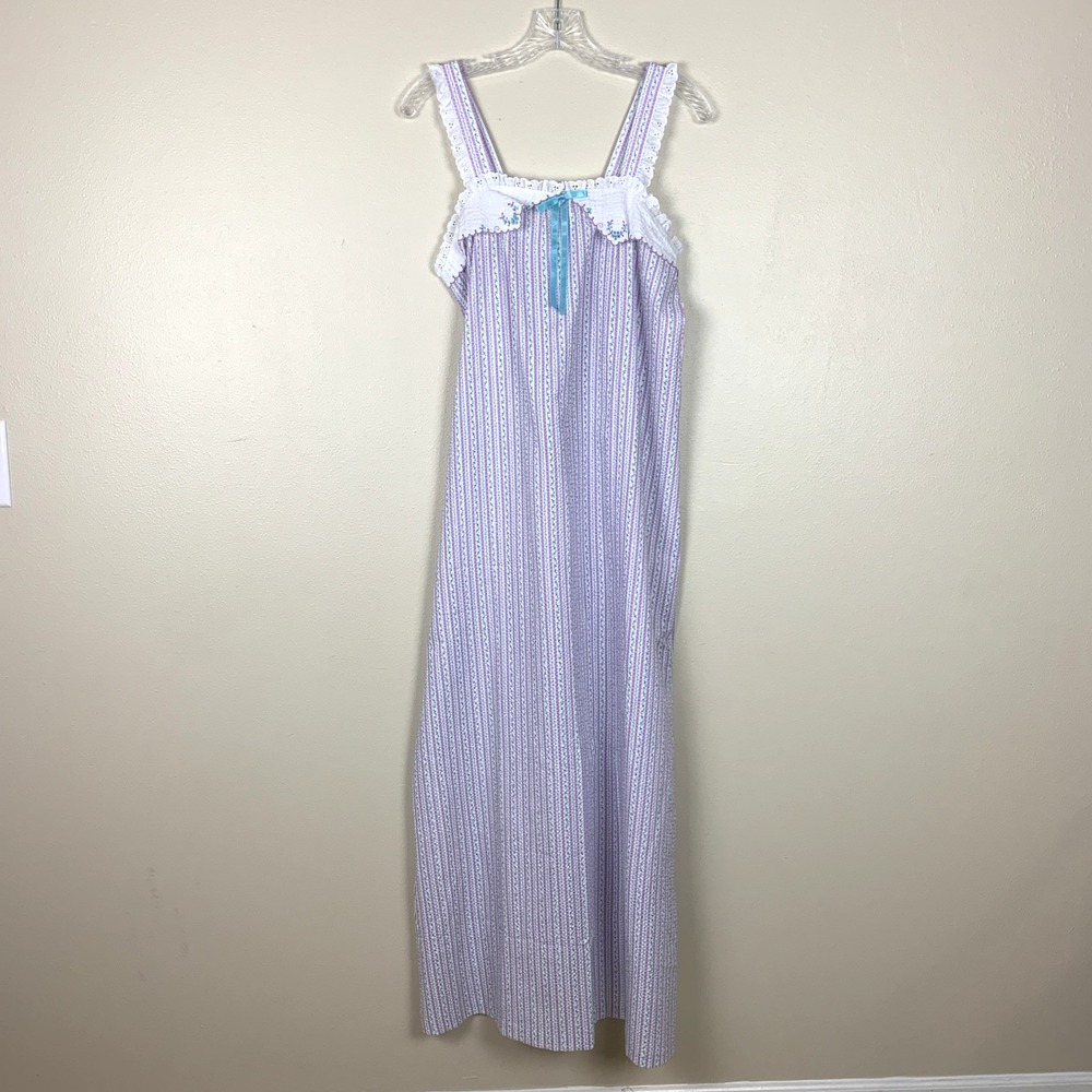 Vintage Seersucker Babydoll Nightgown Womens M 80s Floral Cottagecore Dress USA